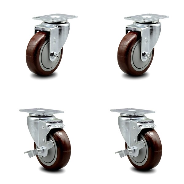 4 Inch Maroon Polyurethane Wheel Swivel Top Plate Caster Set with 2 Brakes SCC